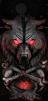 Dark wolf with red eyes and bones illustration wallpaper.