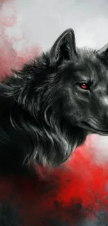 Dark wolf with red eyes in vibrant wallpaper.