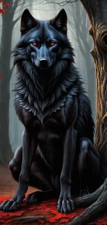 Dark wolf with red eyes in a misty autumn forest.