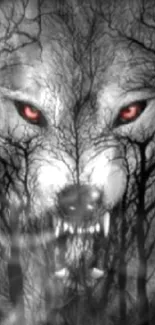 Dark wolf with red eyes in a haunted forest wallpaper.