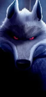 Dark wolf with red eyes in shadowy background, intense gaze.