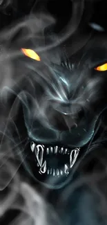 Fierce dark wolf emerging through smoke with glowing eyes.