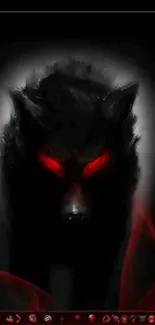 Dark wolf with glowing red eyes and black background.