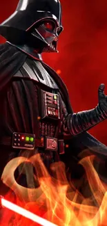 Darth Vader with a red background and lightsaber in hand.