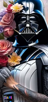 Darth Vader holding flowers in a floral-themed artistic wallpaper.