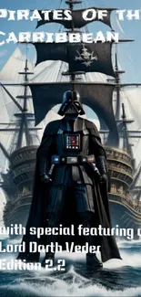 Darth Vader stands on pirate ship with blue sky background.