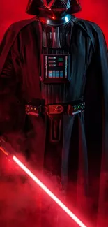 Darth Vader in red glow with lightsaber mobile wallpaper.