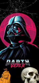 Retro Darth Vader wallpaper with neon and Halloween elements.