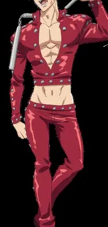 Anime character with bold red attire holding a nunchuck.