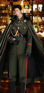 Soldier in green coat stands confidently in a luxurious bar setting wallpaper.