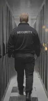 Security guard in data center corridor with blurred lights.