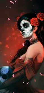 A woman with Day of the Dead makeup holding a skull.