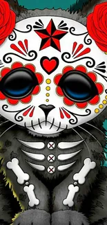 Day of the Dead themed cat artwork wallpaper.