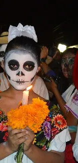 Day of the Dead parade with face paint and marigolds.