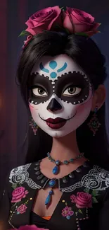 Elegant character with Day of the Dead face paint and roses in a dimly lit setting.