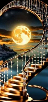 Golden spiral staircase under a moonlit sky reflecting on a tranquil lake.