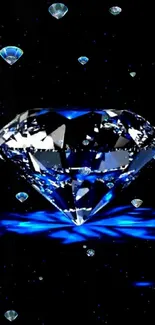 A dazzling blue diamond with vivid reflections on a black background.