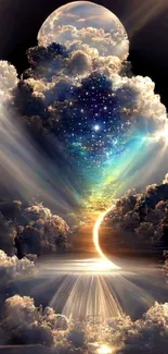 Stunning celestial sky with radiant clouds and cosmic lights creating a fantasy view.