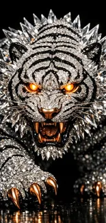 Diamond-encrusted tiger with glowing eyes and fierce expression.