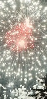 Vibrant fireworks lighting up the night sky with red and white bursts.