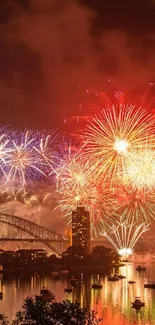 Vibrant fireworks over Sydney Harbour Bridge at nighttime.