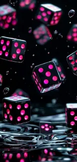 Neon dice floating on dark abstract background.