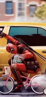 Deadpool on a tiny bicycle with a yellow car.