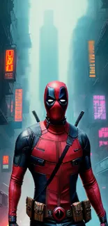 Deadpool standing in a neon cyberpunk city scene.