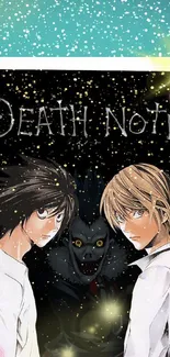 Death Note anime wallpaper with characters in vibrant design.