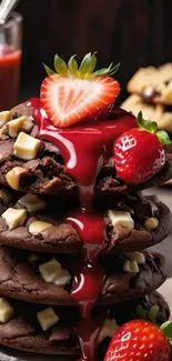 Chocolate cookies with strawberries and red syrup.