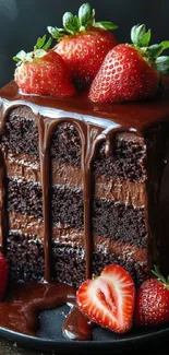 Chocolate cake with strawberries dripping chocolate icing.