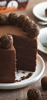 A lavish chocolate cake with truffles on top.