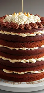 Tall layered chocolate cake with rich frosting design.