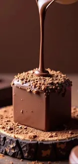 Chocolate cube with dripping sauce on a wooden base.