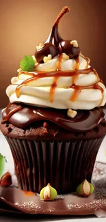 A luscious chocolate cupcake with caramel drizzle and creamy topping.