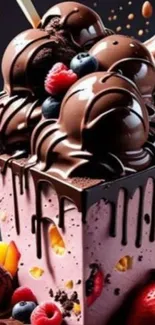 Decadent chocolate dessert with fruit accents creating an artistic design.