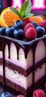 Layered chocolate cake with fresh fruits on top, perfect for dessert lovers.