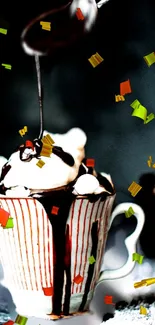 Chocolate sundae with drizzled topping in a decorative cup.
