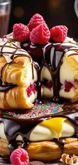 Delicious dessert with chocolate and raspberries topping.