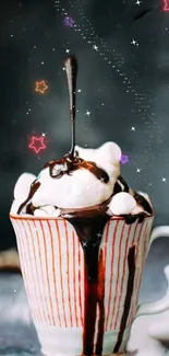 Hot chocolate pours over marshmallows in a decorative cup.