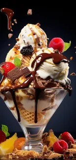 Luxurious ice cream sundae with chocolate, fruit, and waffle in a clear bowl.