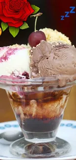 Indulgent ice cream sundae with vibrant toppings.