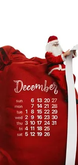 Santa with December calendar on red sack, festive wallpaper.