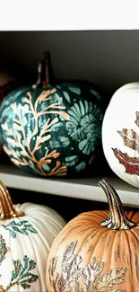 Beautifully decorated autumn pumpkins on a shelf.