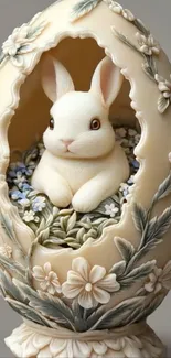 Decorative egg with bunny inside and floral design.