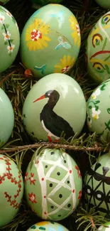 Intricate Easter eggs on green foliage.