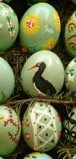 Colorful hand-painted Easter eggs with green foliage background.
