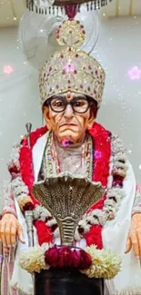 Spiritual statue with colorful embellishments on a beige background.