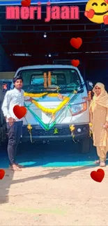 Truck decorated with flowers and hearts in a festive celebration setting.