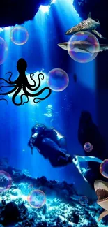 Underwater adventure with sharks, octopus, diver, and bubbles in a blue ocean.